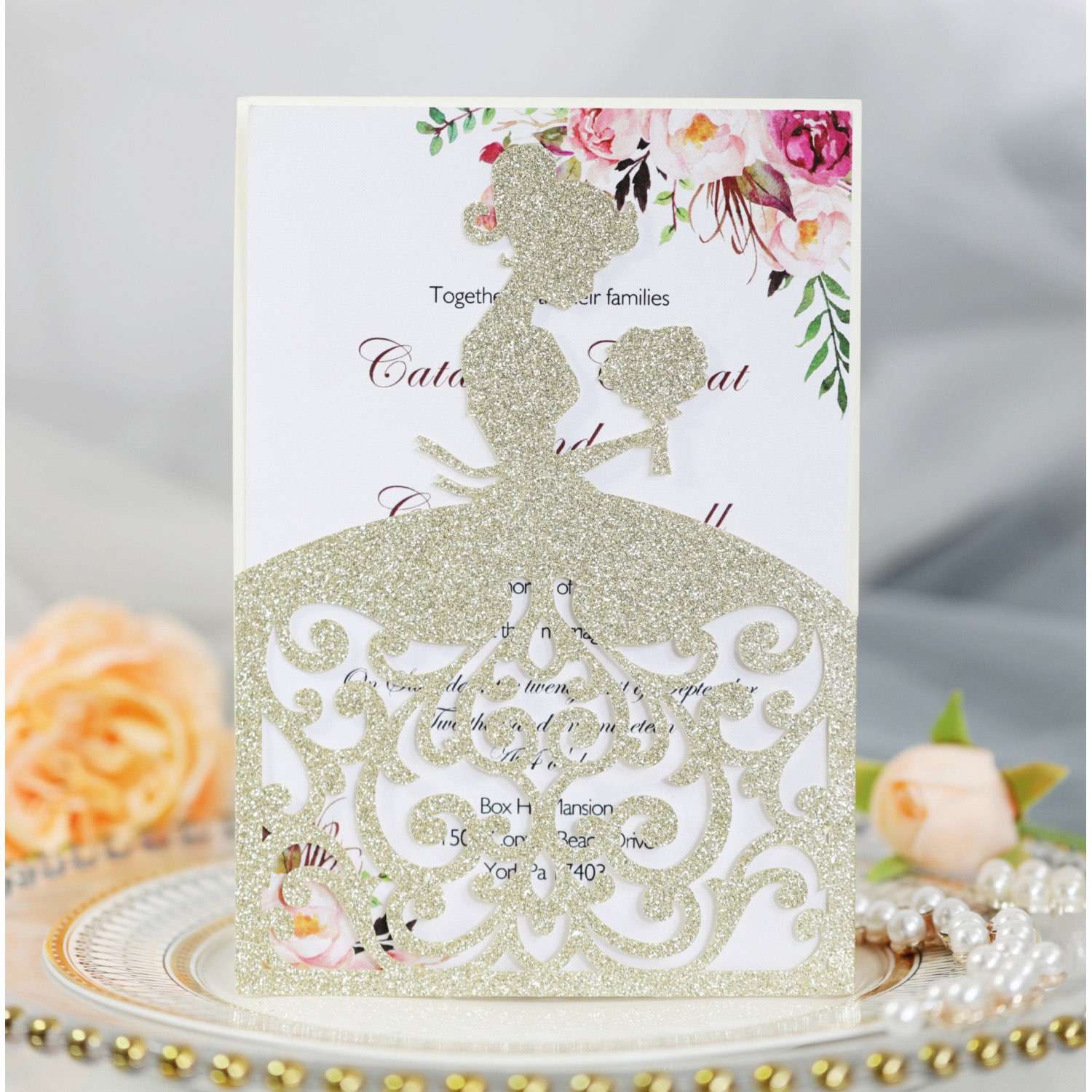 Glitter Invitation Card With Envelope Beautiful Girl Invitation Wedding Card Laser Cut